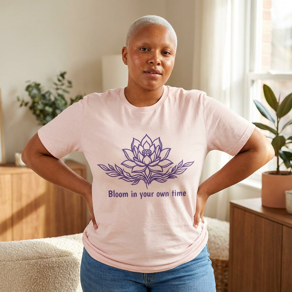 Minimalist Lotus T-Shirt — “Bloom in Your Own Time” Spiritual Growth Tee
