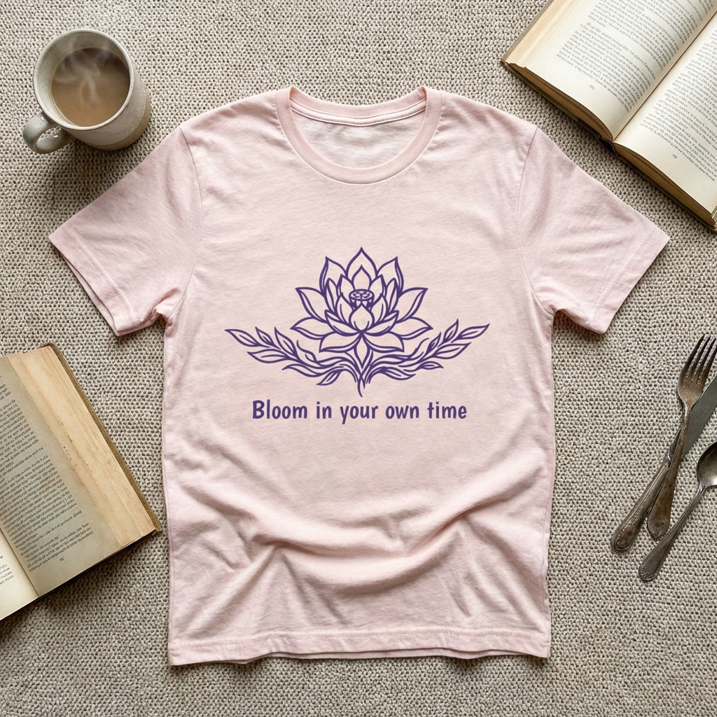 Minimalist Lotus T-Shirt — “Bloom in Your Own Time” Spiritual Growth Tee