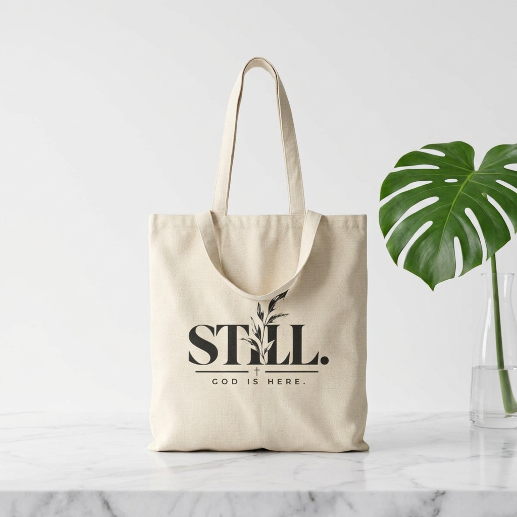STILL. God Is Here Cotton Canvas Tote Bag – Christian Faith Bag